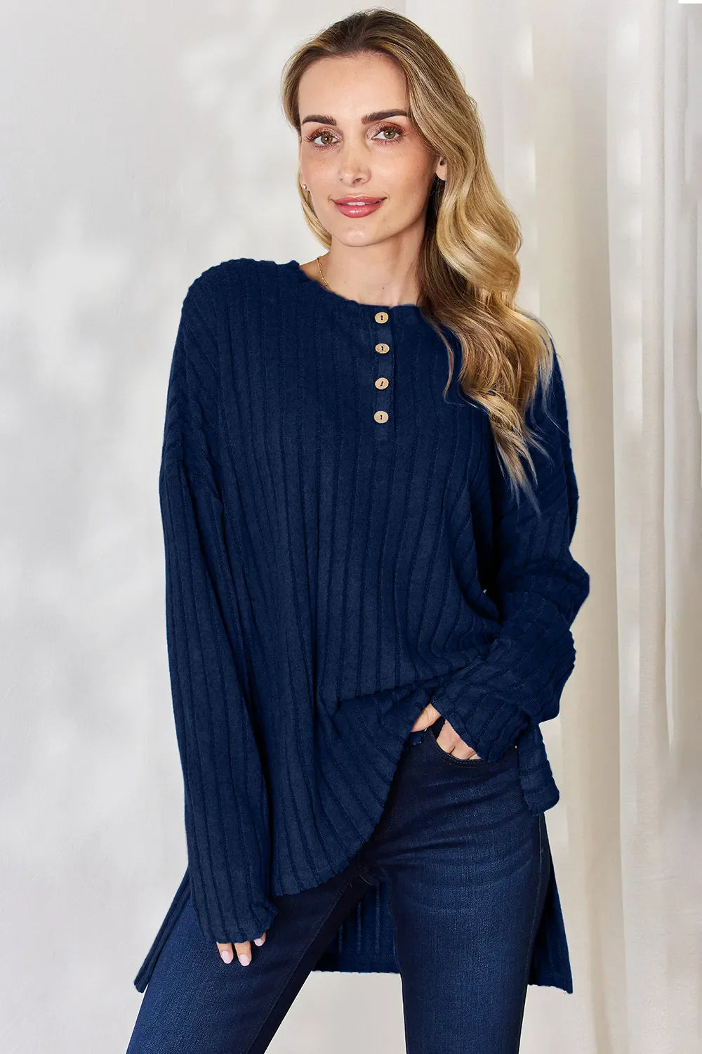 Basic Bae Full Size Ribbed Half Button Long Sleeve High-Low Women's T-Shirt - The Eggy's store
