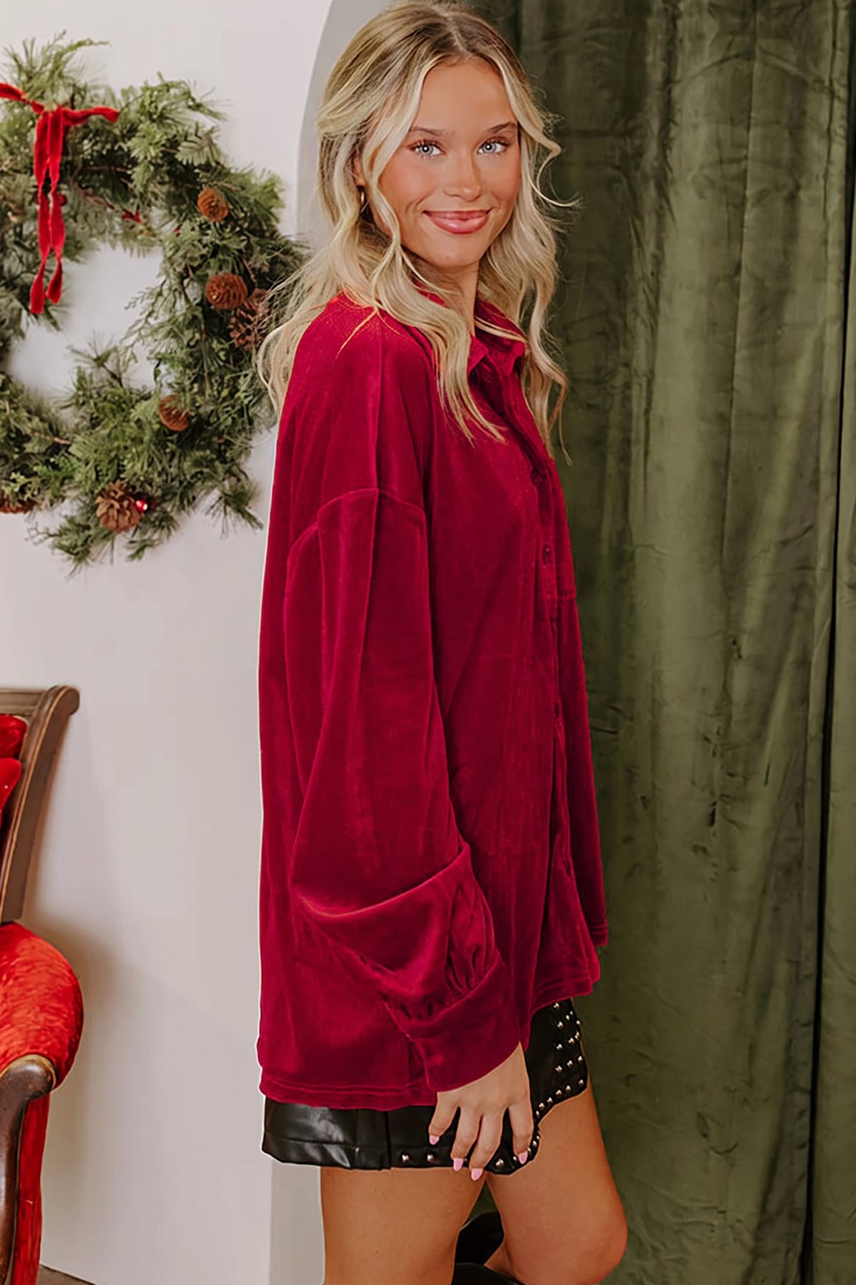 Fiery Red Soft Velvet Patch Pocket Button Down Loose Blouse