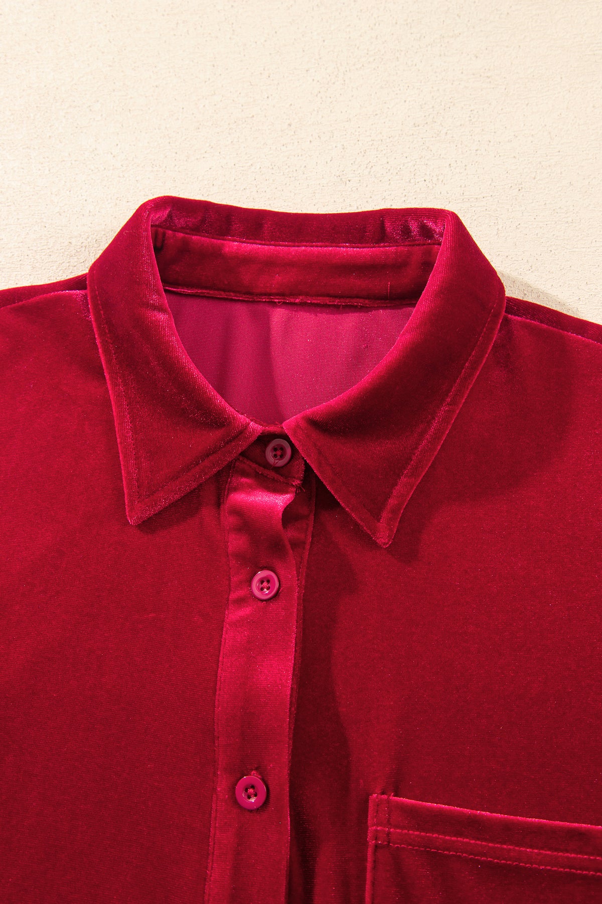 Fiery Red Soft Velvet Patch Pocket Button Down Loose Blouse