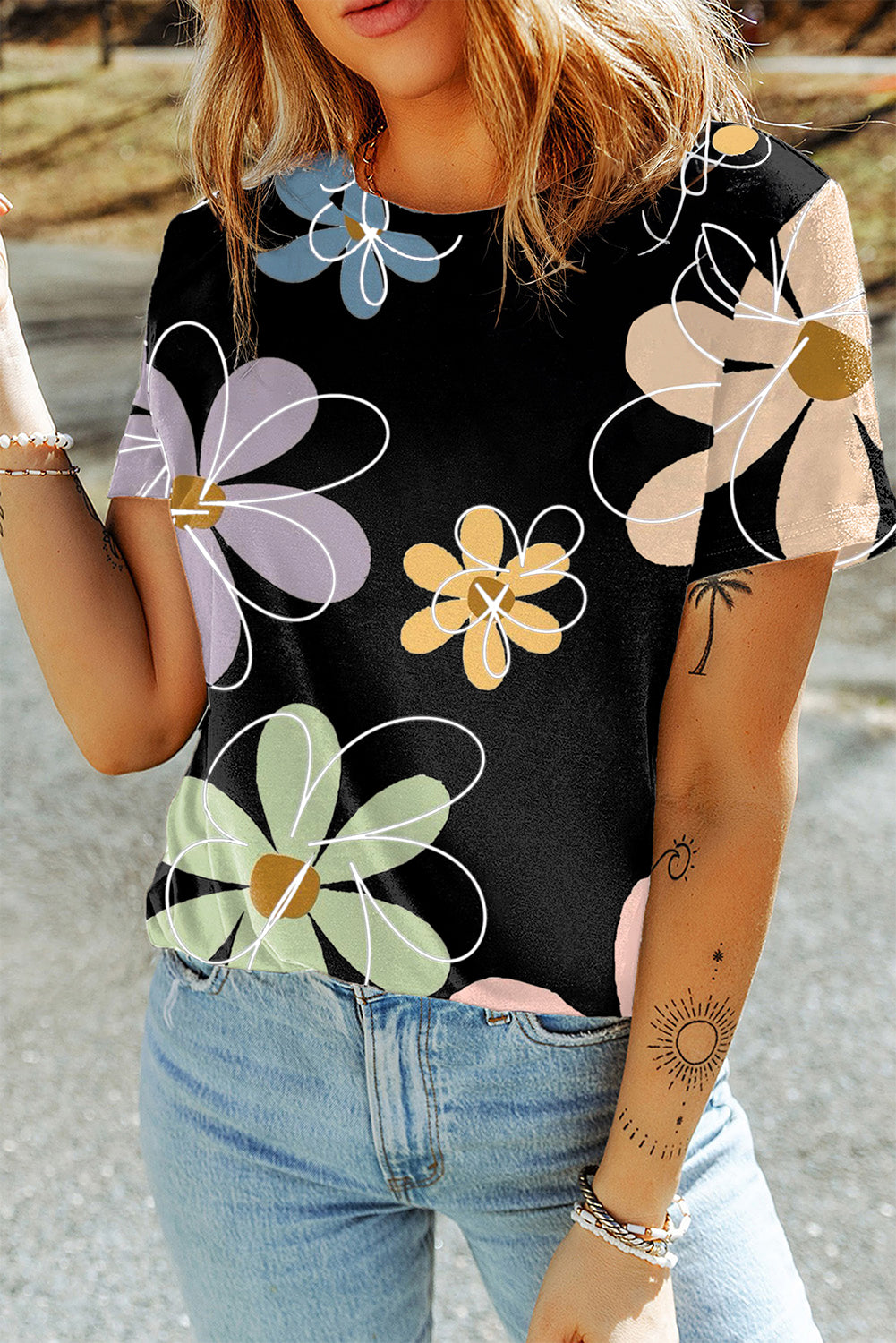 Beige Summer Flower Print Round Neck T-Shirt