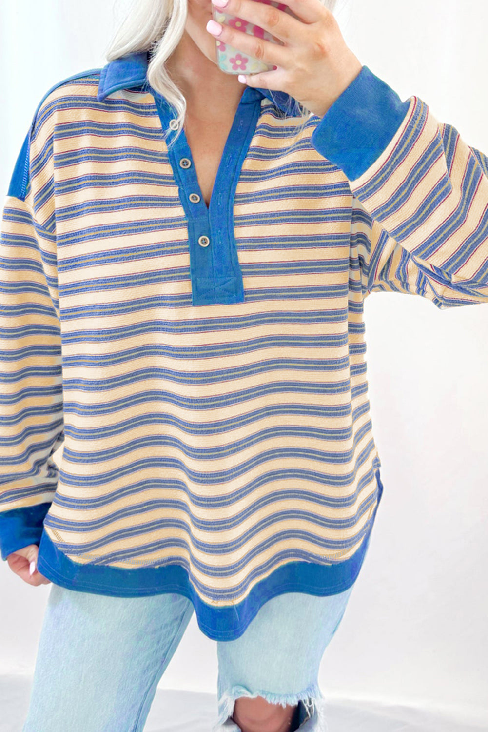 Pink Stripe Buttoned V Neck Collared Drop Shoulder Women's Top