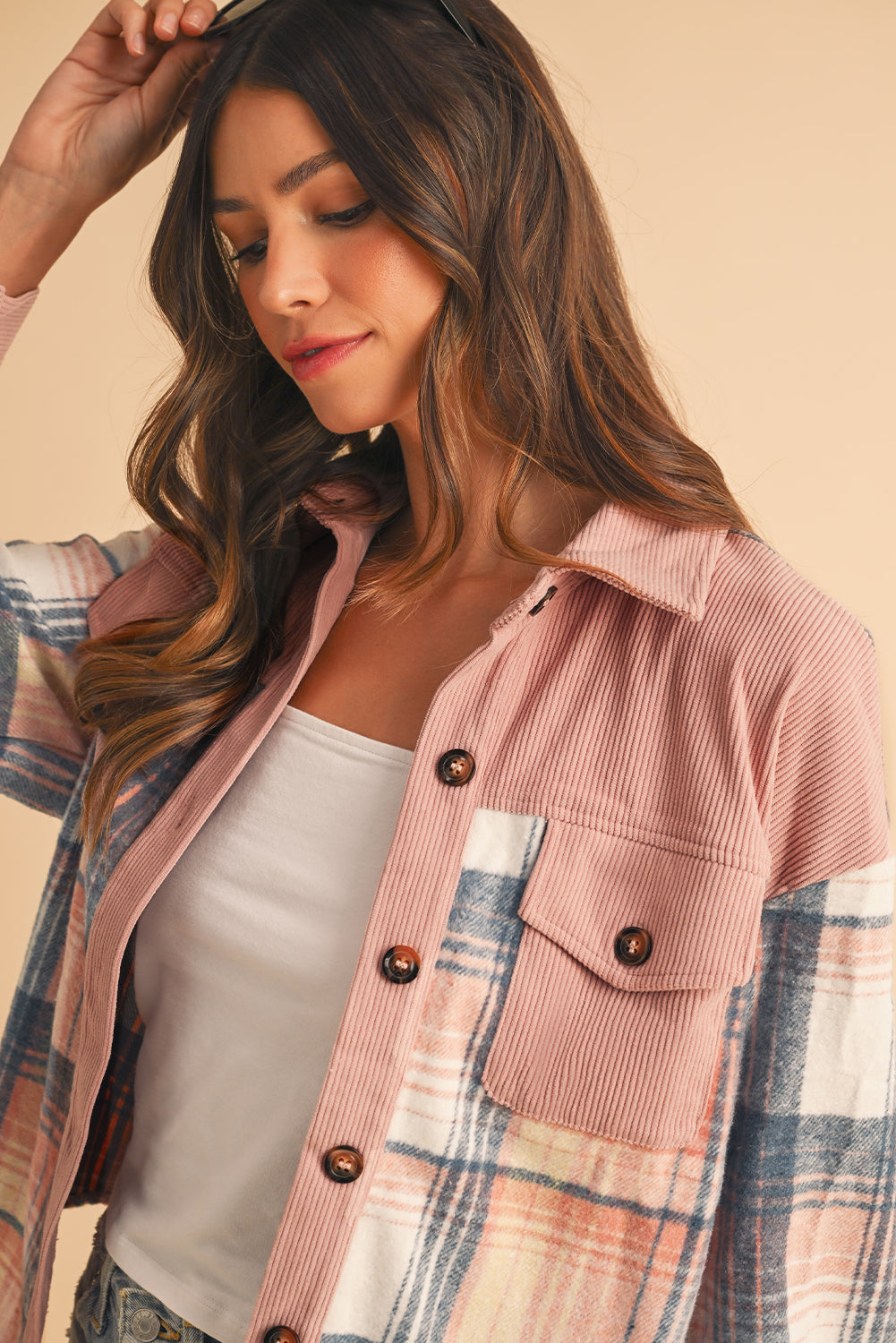 Cinnamon Plaid Corduroy Patchwork Pocket Loose Shacket - The Eggy's store