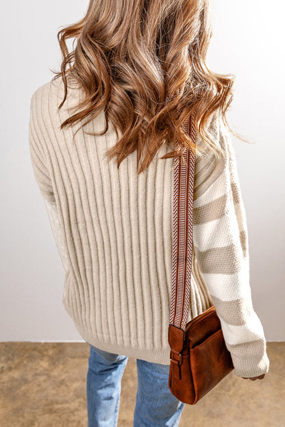 Khaki Cable Knit Colorblock Crew Neck Drop Shoulder Sweater - The Eggy's store