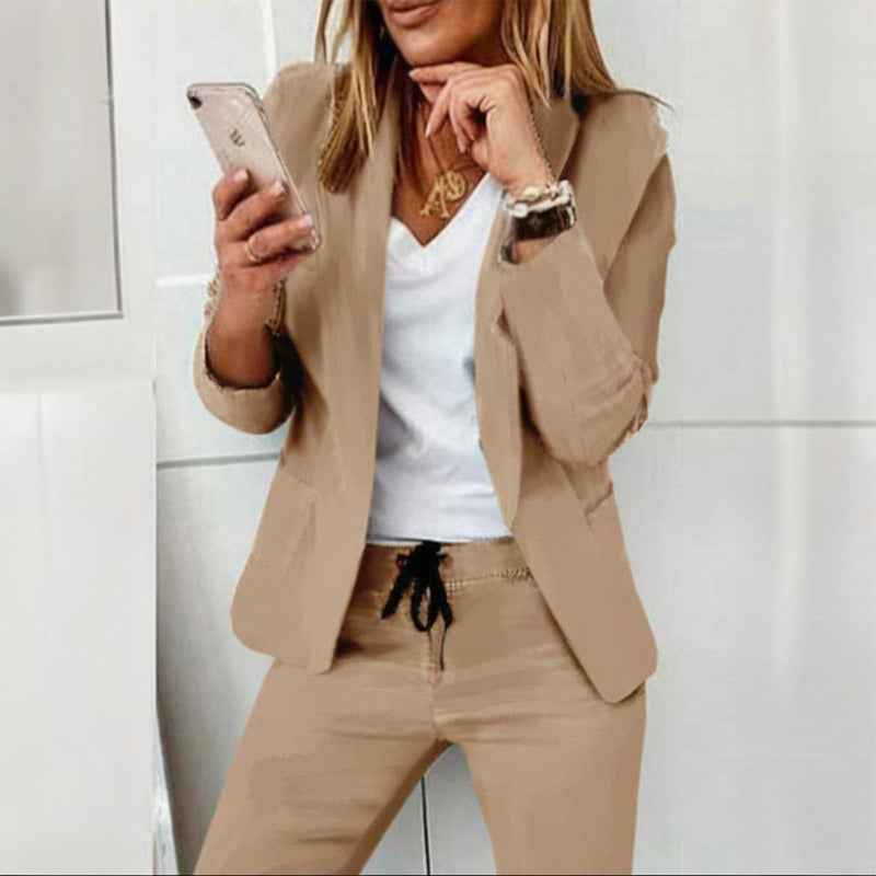 Women's Solid Color Long Sleeve Suit Set - Stylish Notch Lapel Blazer With Pockets & Drawstring Waist Pants, Spring&Fall Business Casual Outfit