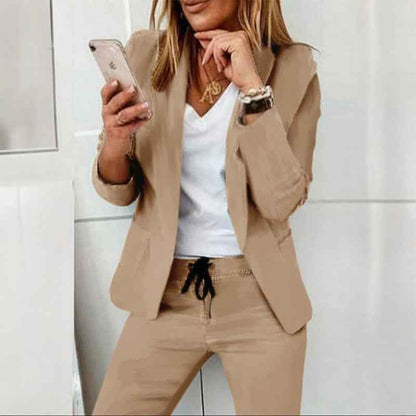Women's Solid Color Long Sleeve Suit Set - Stylish Notch Lapel Blazer With Pockets & Drawstring Waist Pants, Spring&Fall Business Casual Outfit