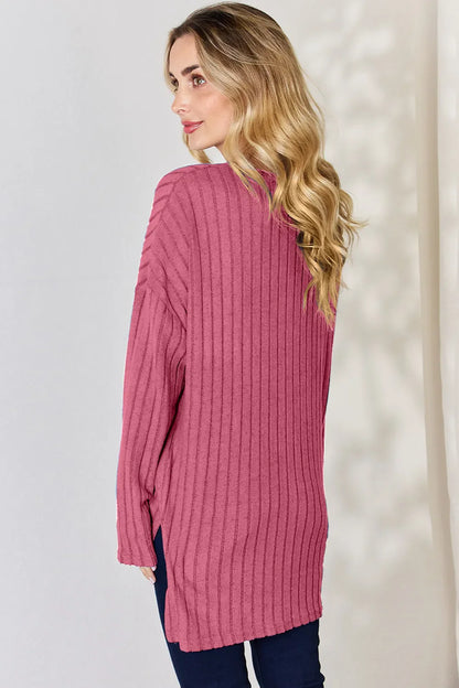 Basic Bae Full Size Ribbed Half Button Long Sleeve High-Low Women's T-Shirt - The Eggy's store