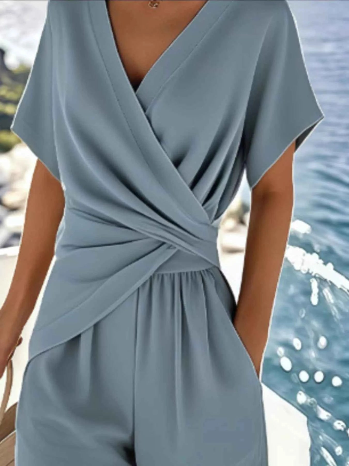 Full Size Surplice Short Sleeve Top and Pants Set Plus Size