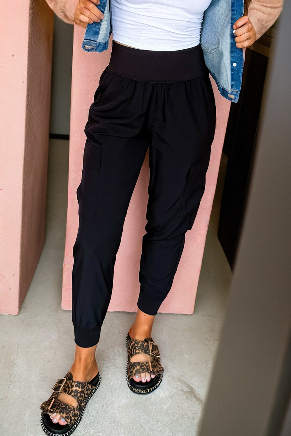 Solid Elastic High Waist Pocketed Cargo Jogger Pants