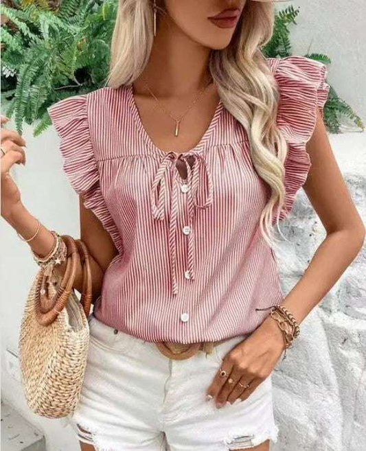 Striped Ruffle Tie Front Women's Blouse