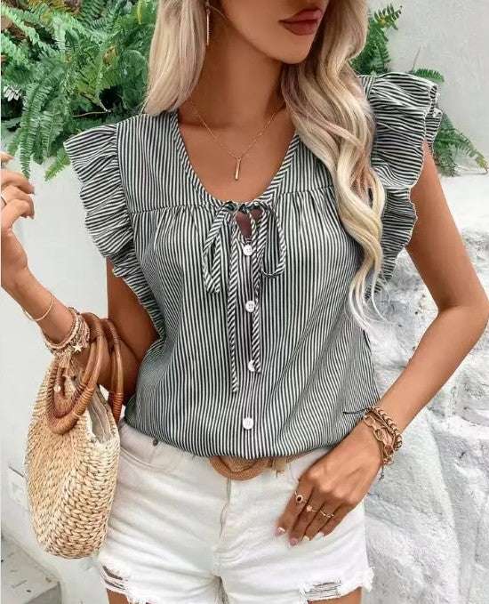 Striped Ruffle Tie Front Women's Blouse