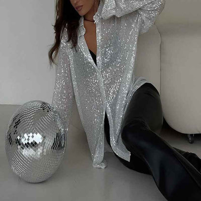 Elegant Women's Sequin Shirt - Stylish Long Sleeve Button-Up Blouse With Glitter Details, Perfect For Party & Casual To Formal Wear