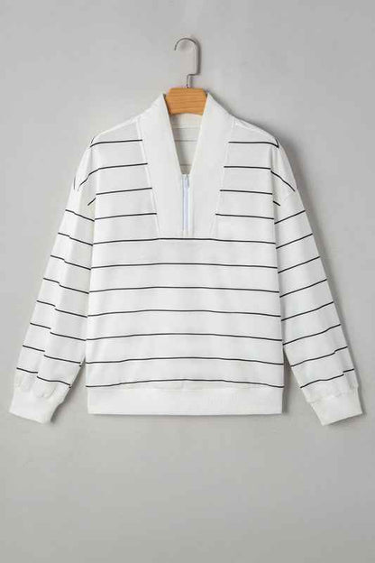 Classic Striped Zipper V-Neck Drop Sleeve Top