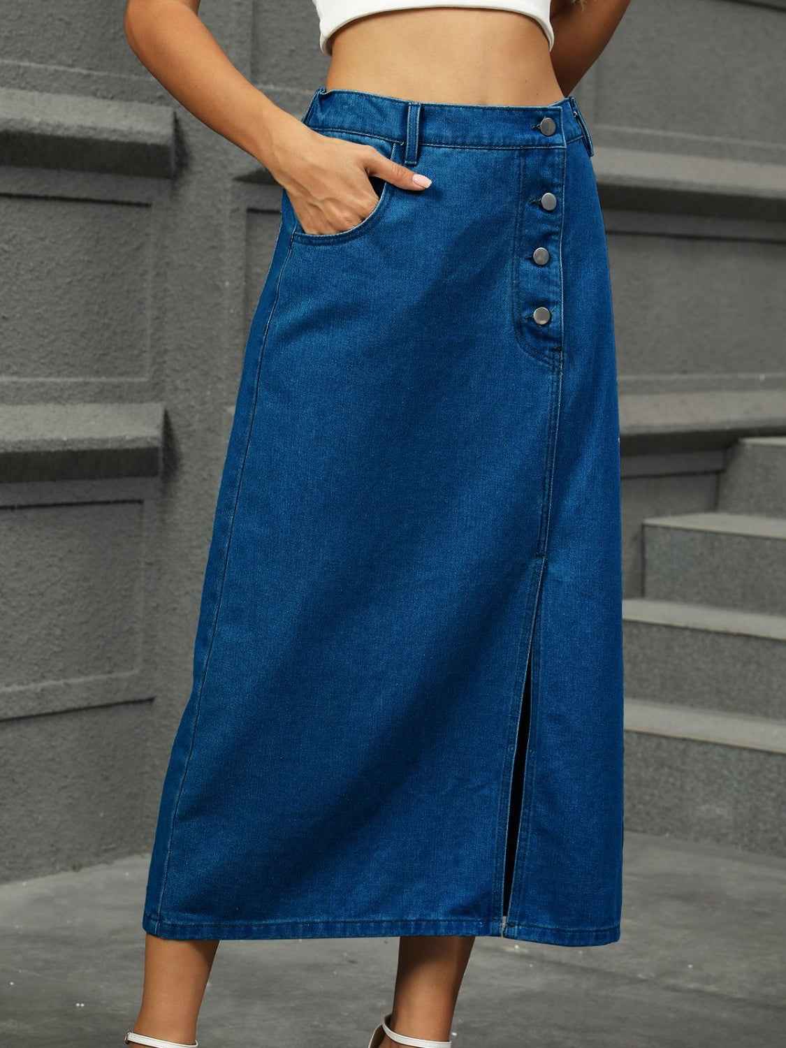 Slit Button Detail Denim Midi Skirt