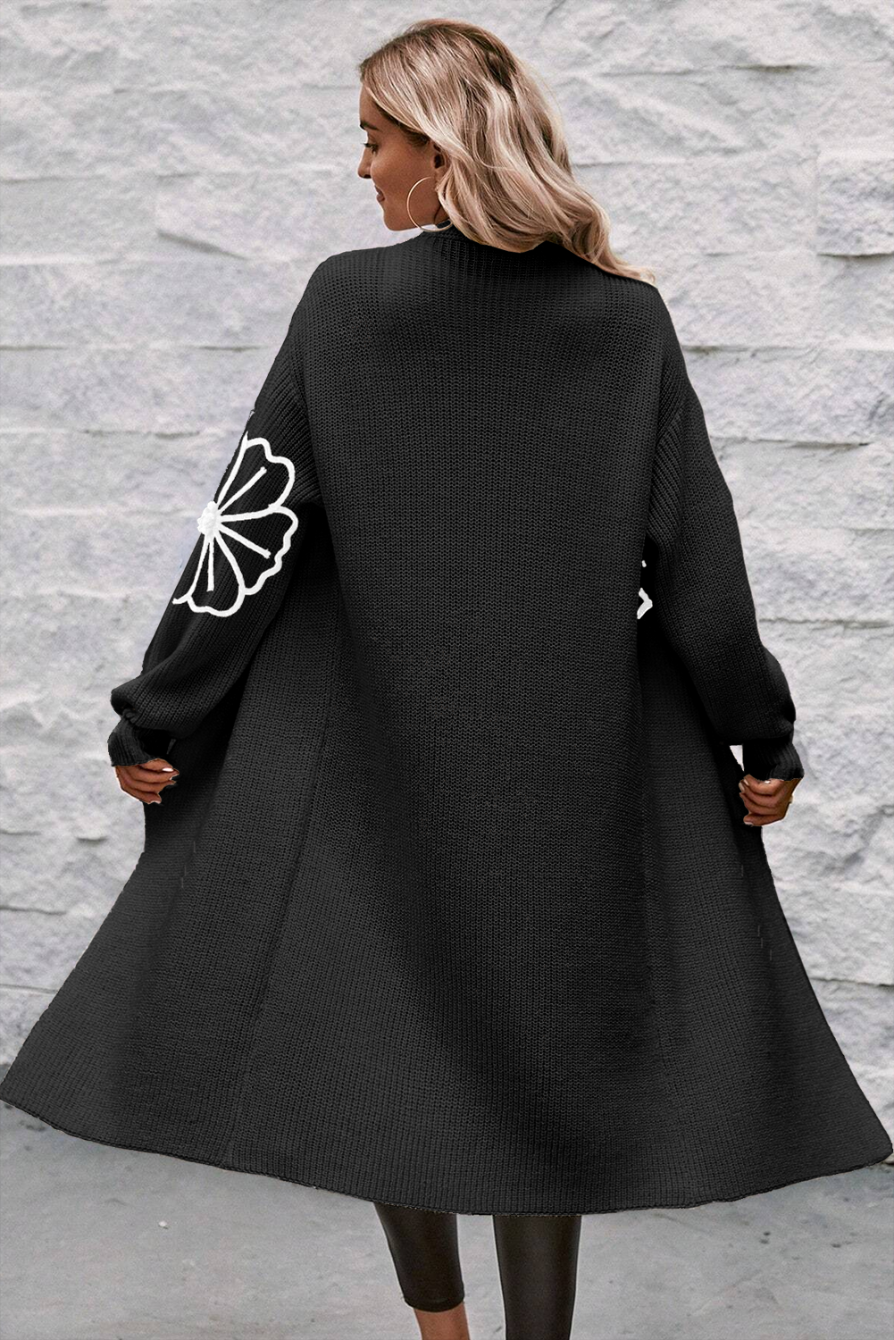 Flower Embroidered Duster Cardigan - Drop Shoulder Black
