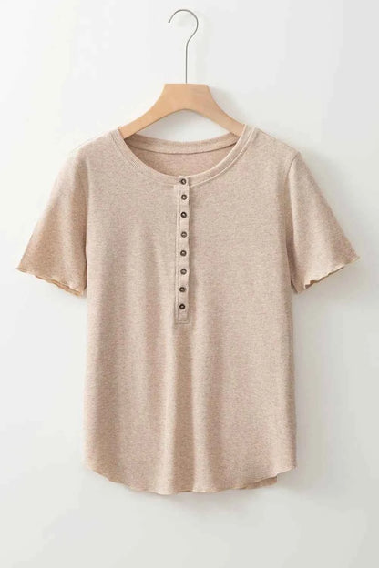 Short Sleeve Half Button Ribbed Knit Top