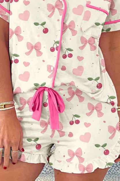 Cherry Bow Print Button Up Womens Loungewear Set