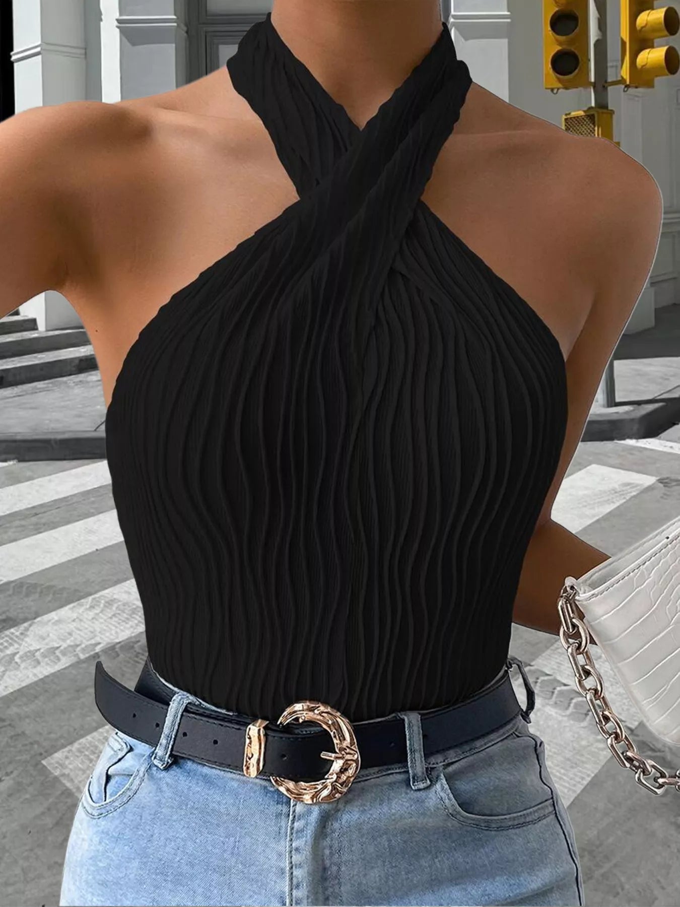 Textured Halter Neck Tank Top