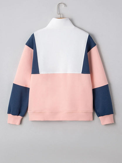 Colorblock Patchwork Half Button Women's  Sweatshirt