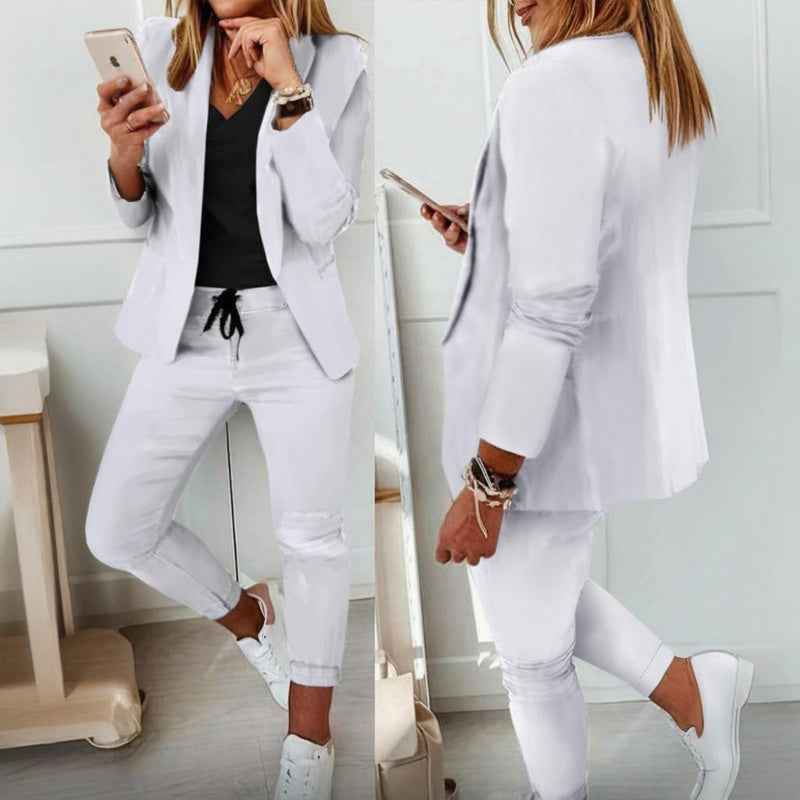 Women's Solid Color Long Sleeve Suit Set - Stylish Notch Lapel Blazer With Pockets & Drawstring Waist Pants, Spring&Fall Business Casual Outfit