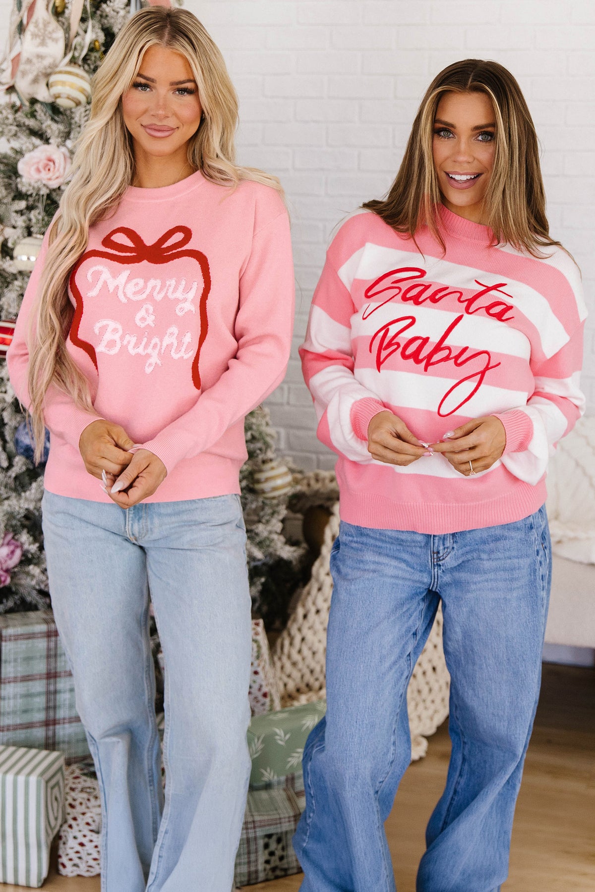 Pink Striped Santa Baby Embroidered Christmas Sweater