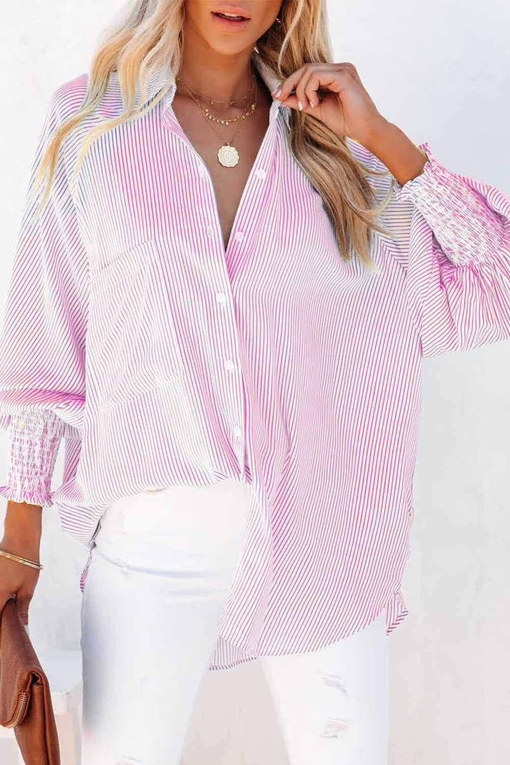 Sky Blue Smocked Cuffed Striped Boyfriend Women's Blouse with Pocket