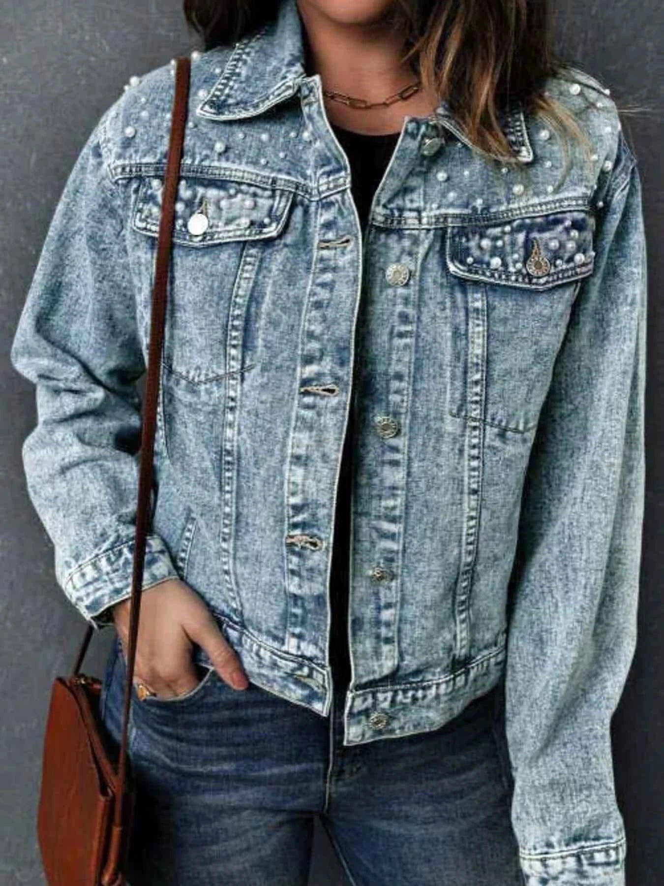 Full Size Pearl Detail Button Up Long Sleeve Denim Jacket Plus Size