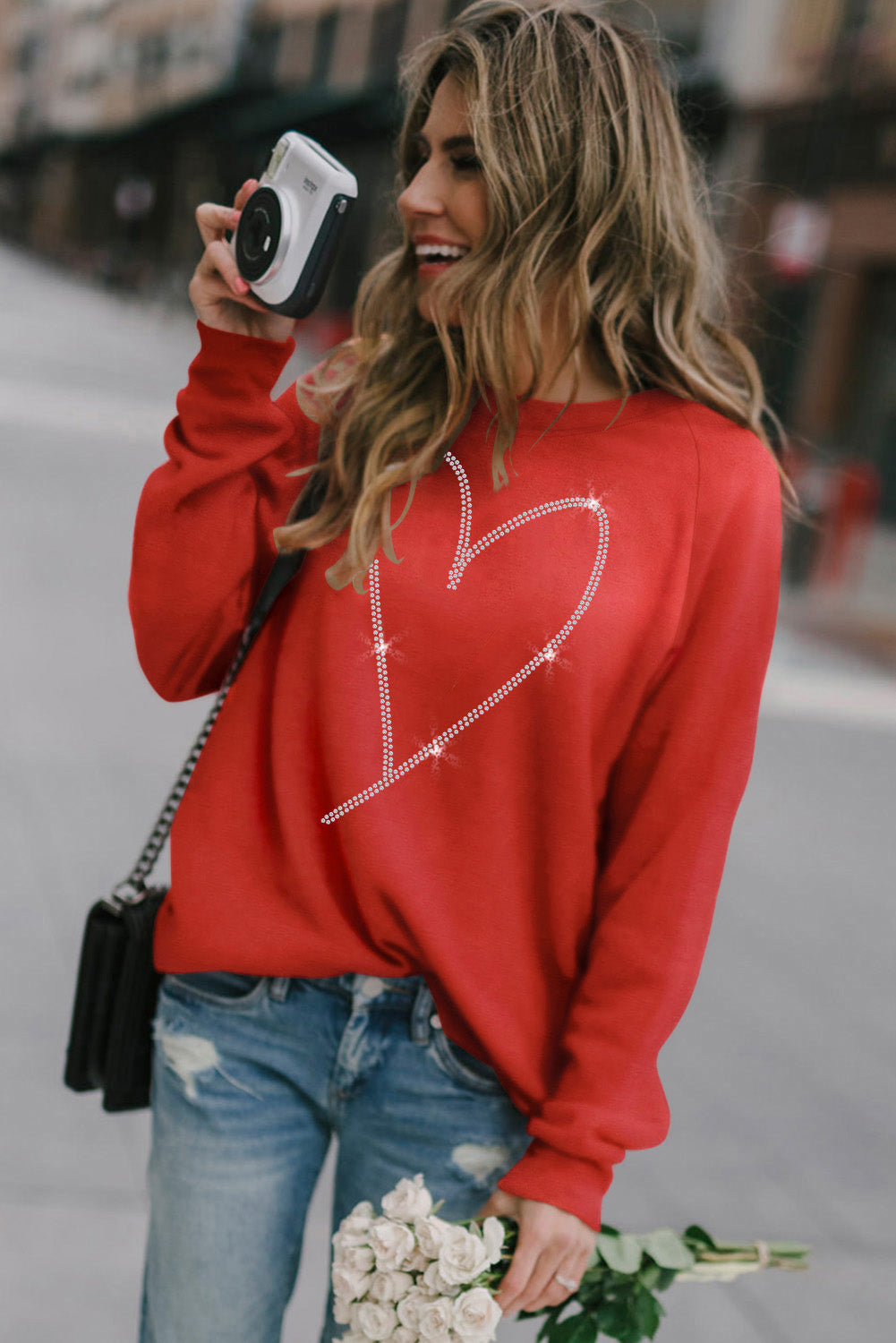 Fiery Red Rhinestone Heart Shaped Long Sleeve Women's Sweatshirt