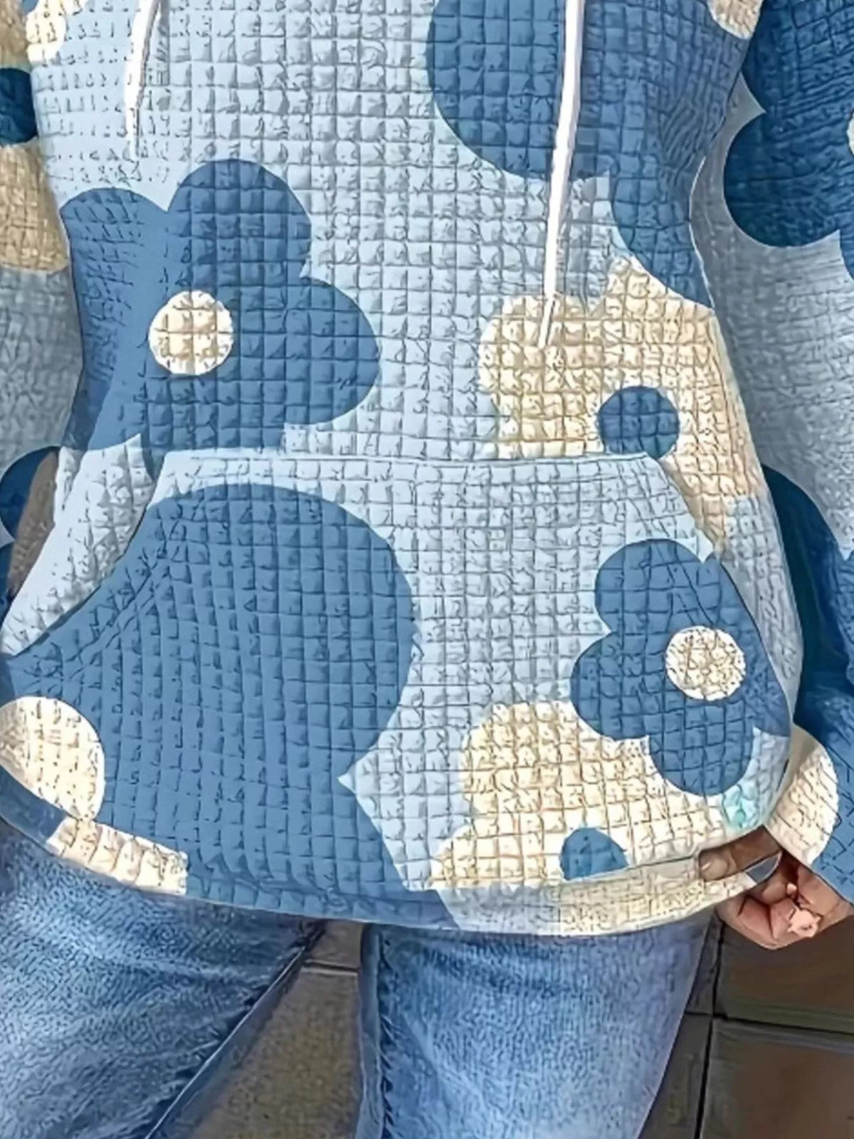 Floral Print Textured Drawstring Hoodie