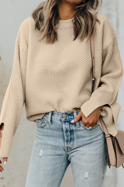 Parchment Knit Women's Top with Solid Textured Design and Split Cuff Drop Shoulder - The Eggy's store