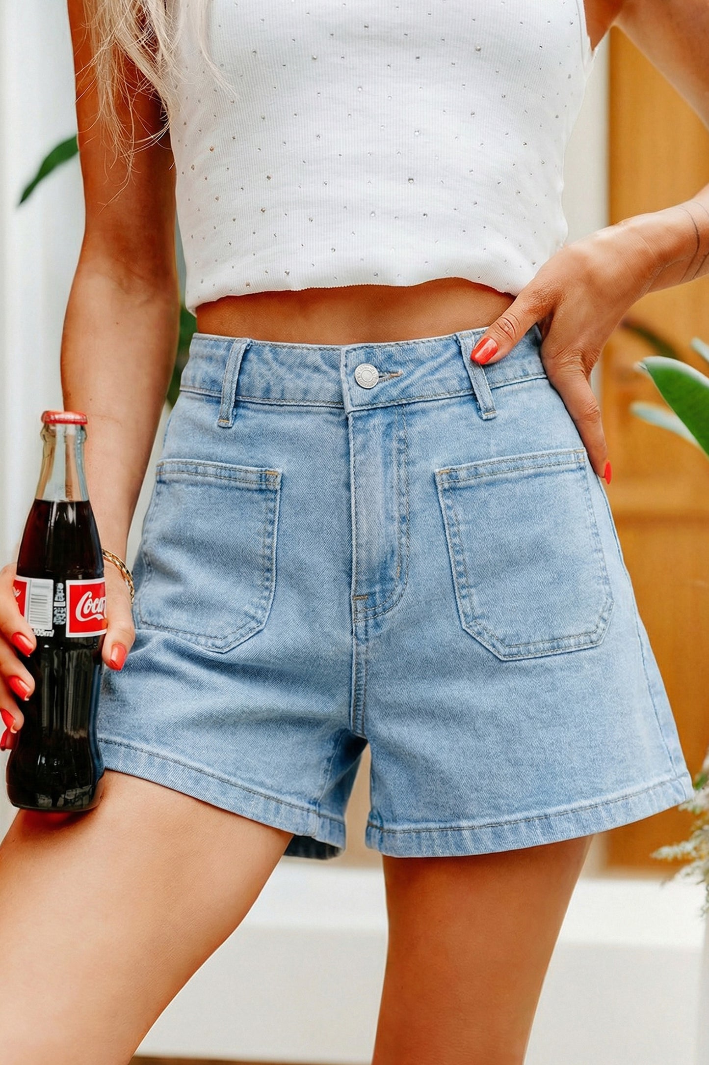Myosotis High Rise Patch Pocket Denim Shorts – Casual Summer Jean Shorts