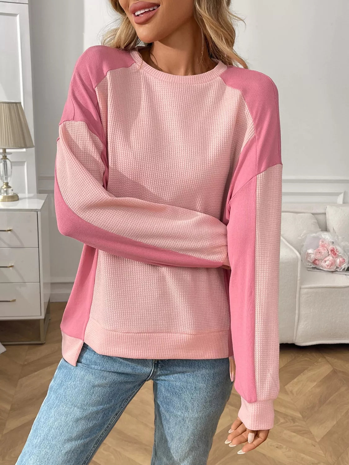 Color Block Waffle Knit Long Sleeve Sweater