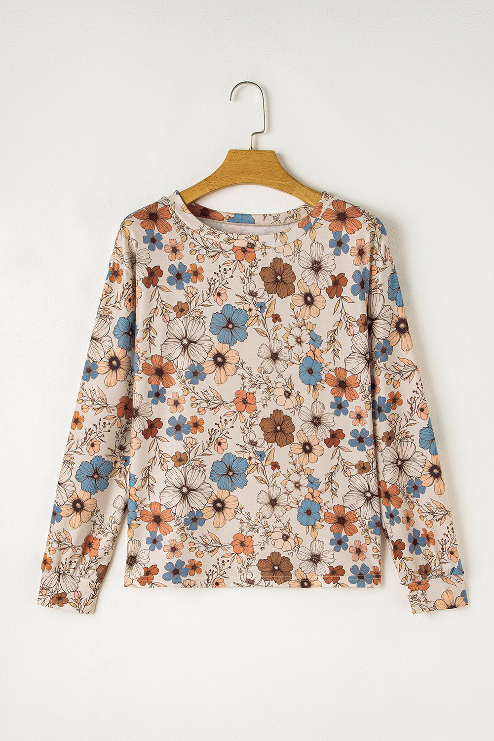 Khaki Floral Print Women's Top - Allover Floral Crew Neck Long Sleeve - The Eggy's store