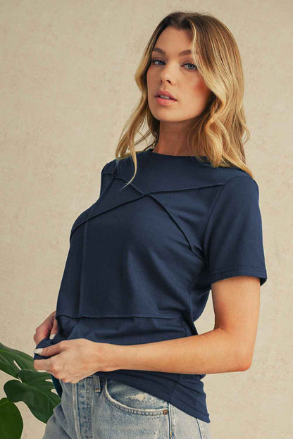 Dirty Blue Solid Color Round Neck T Shirt