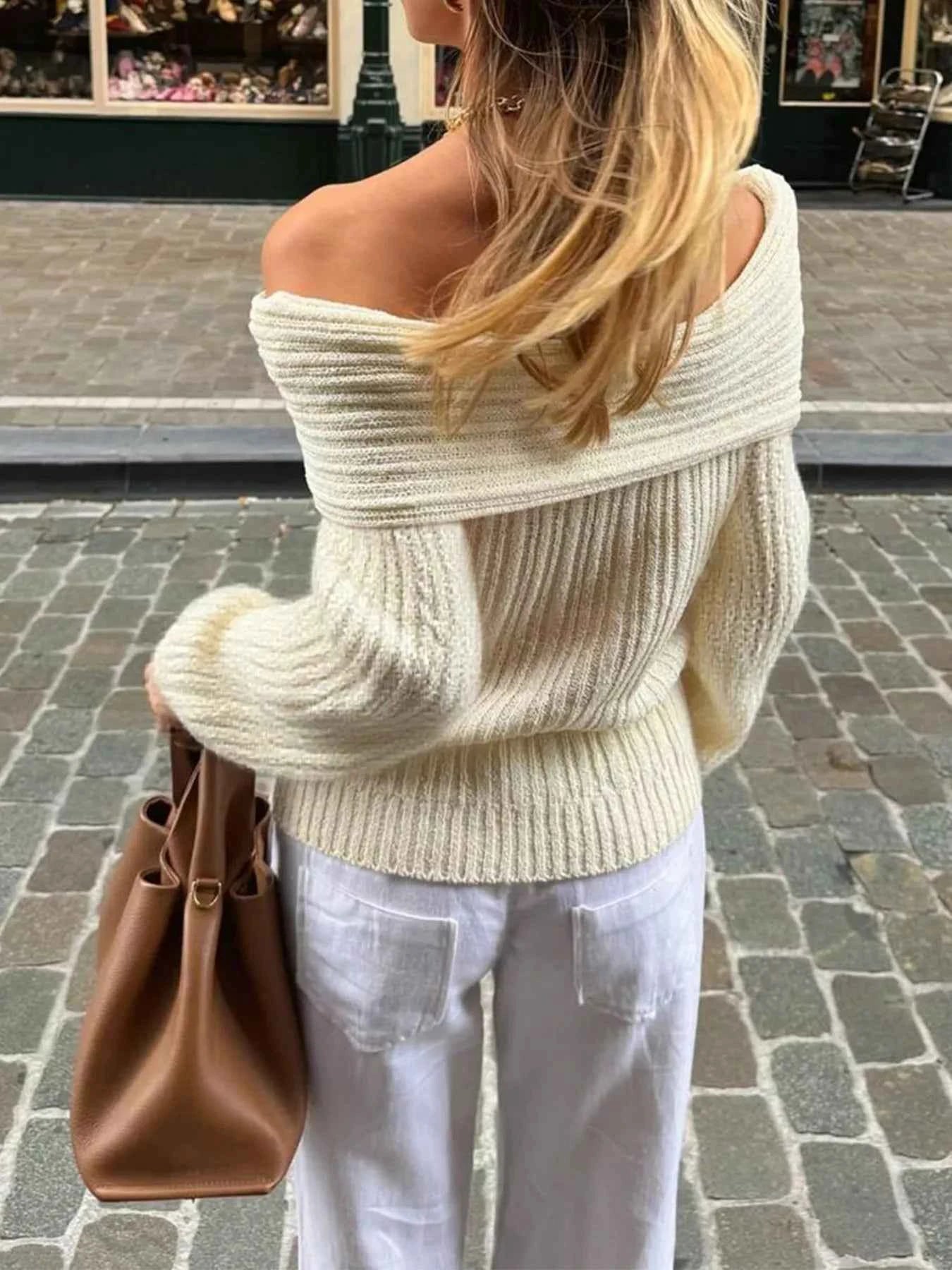 Off-Shoulder Ribbed Knit Sweater