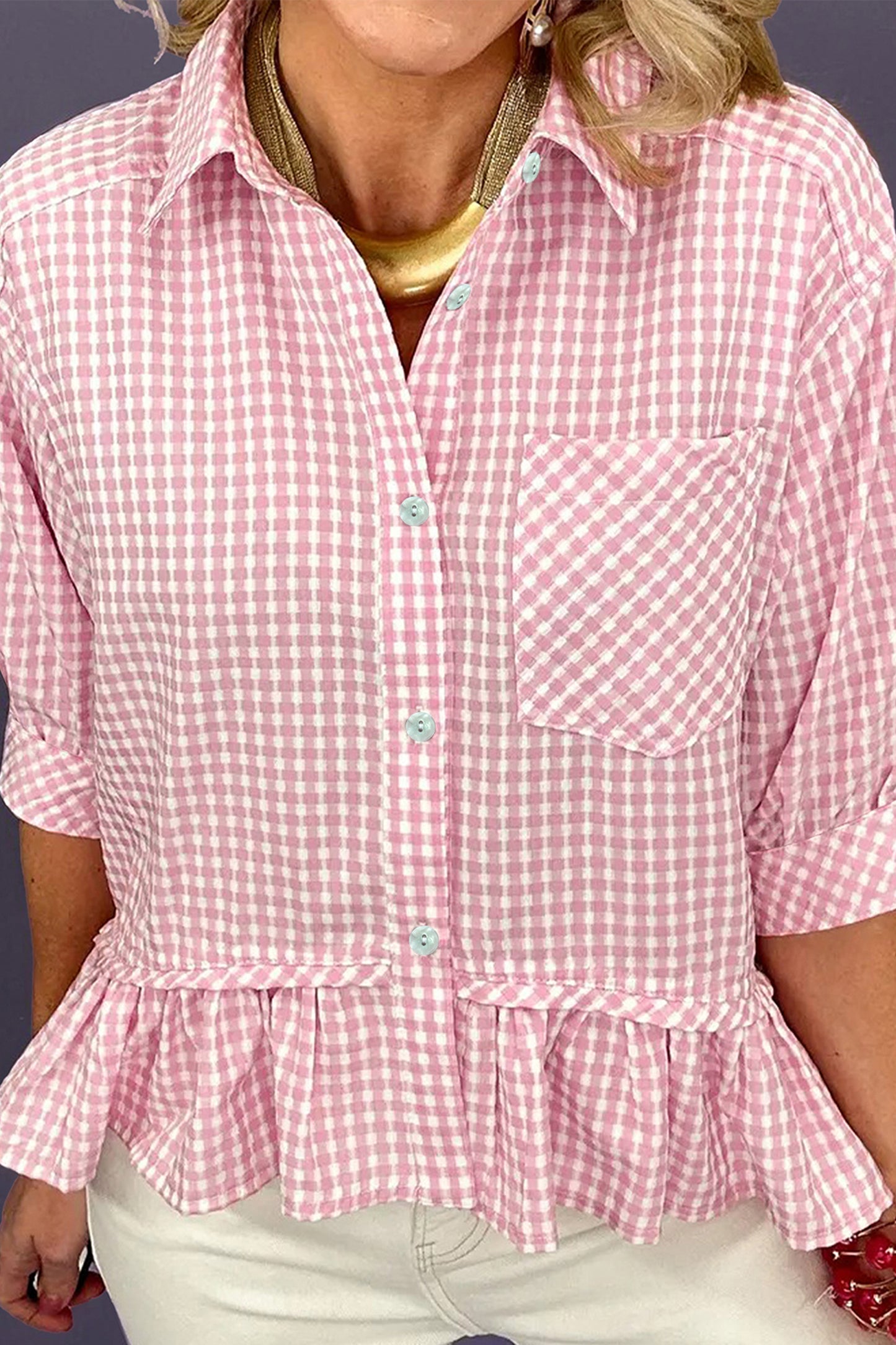 Pink Plaid Half Sleeve Ruffle Hem Button Down Blouse