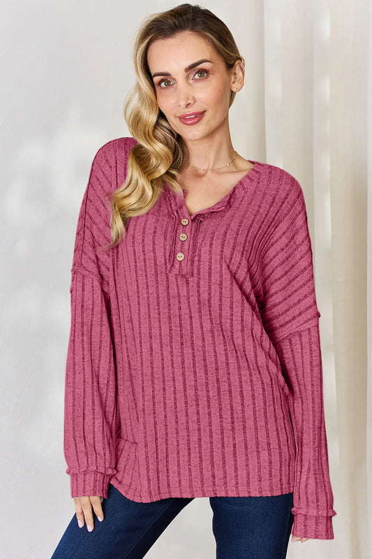 Basic Bae Full Size Ribbed Half Button Long Sleeve Women's T-Shirt - The Eggy's store
