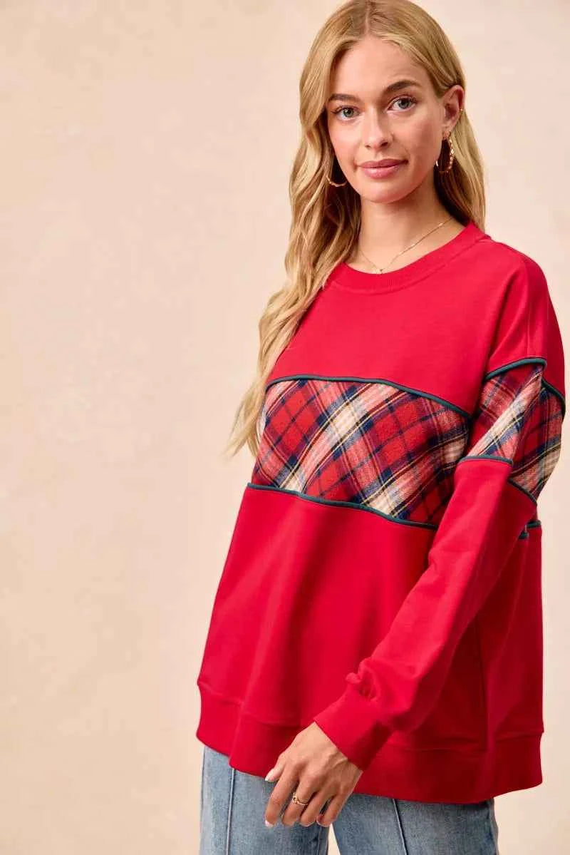 BiBi Christmas Theme Plaid Block Sweatshirt with Binding