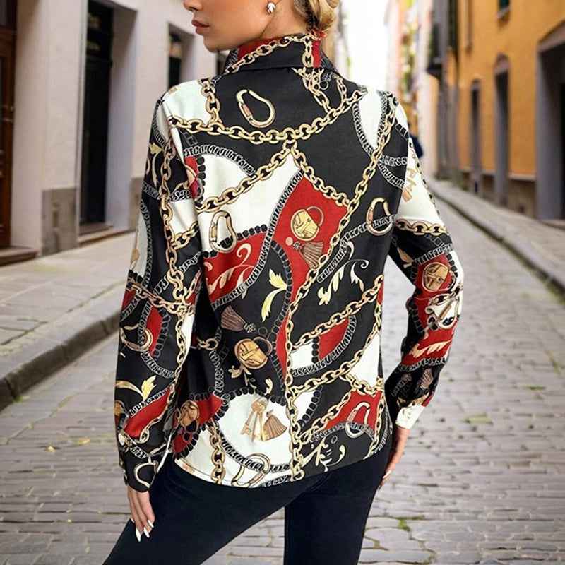 Women's Lapel Long Sleeve Shirt - Fitted Cut Intricate Print Button-Up Design Casual Spring&Fall Wear