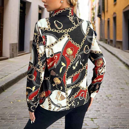 Women's Lapel Long Sleeve Shirt - Fitted Cut Intricate Print Button-Up Design Casual Spring&Fall Wear