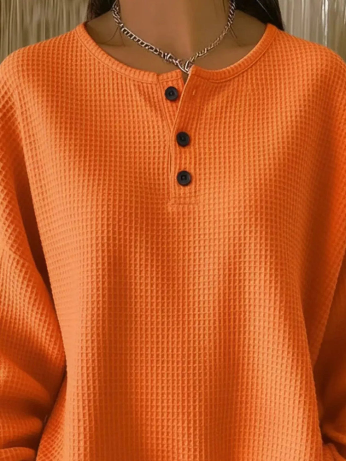 Waffle Knit Button Detail Pullover