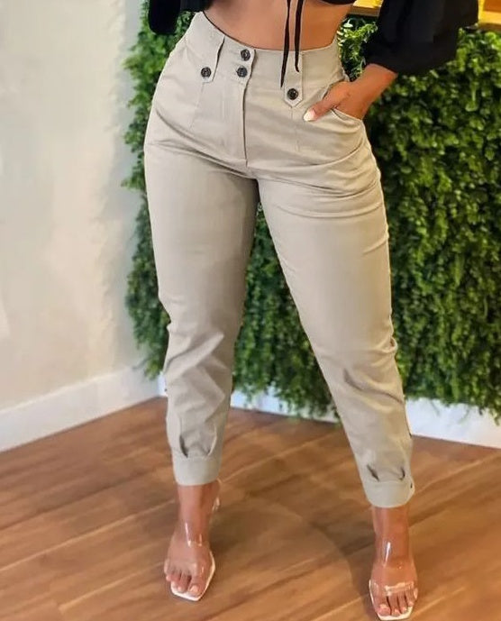Women's Casual Pants Button Detail Non Elastic Belt Solid Color Four Season Fashion