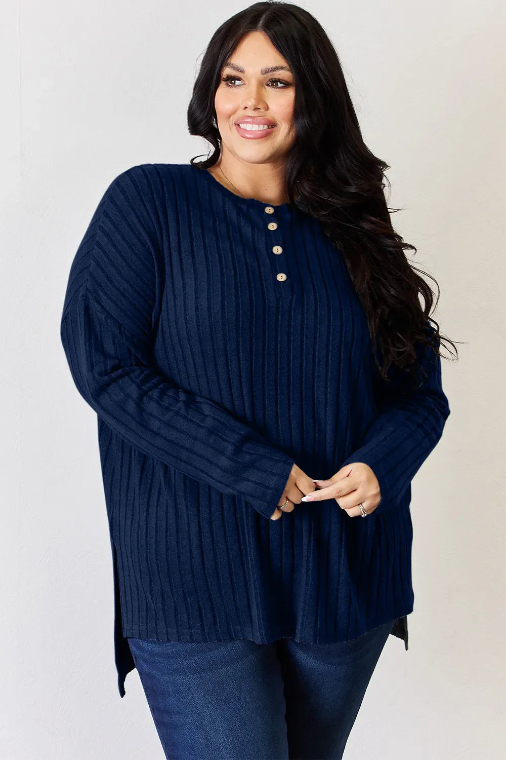 Basic Bae Full Size Ribbed Half Button Long Sleeve High-Low Women's T-Shirt - The Eggy's store