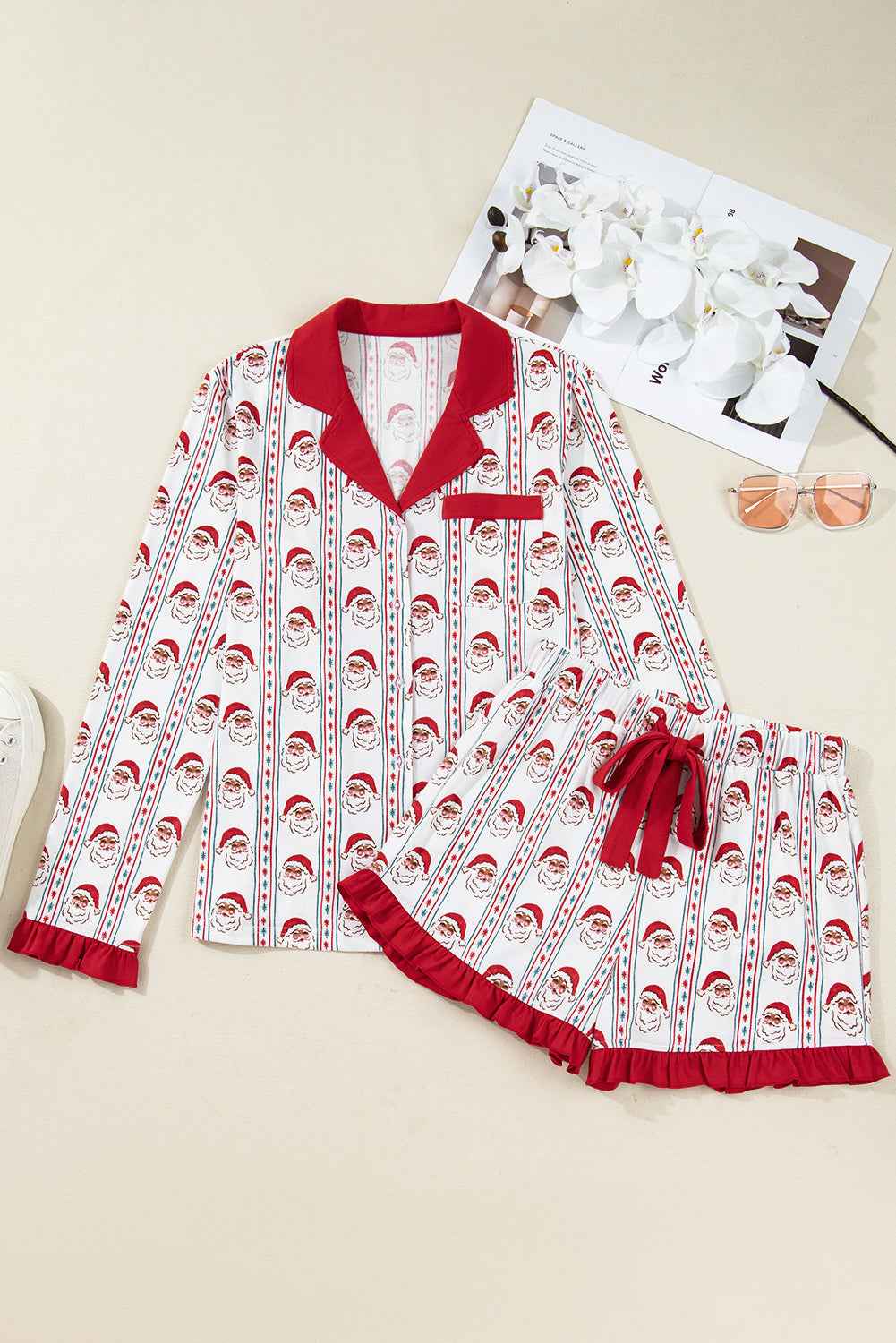 Christmas Santa Claus Ruffle Trim Pajama Set