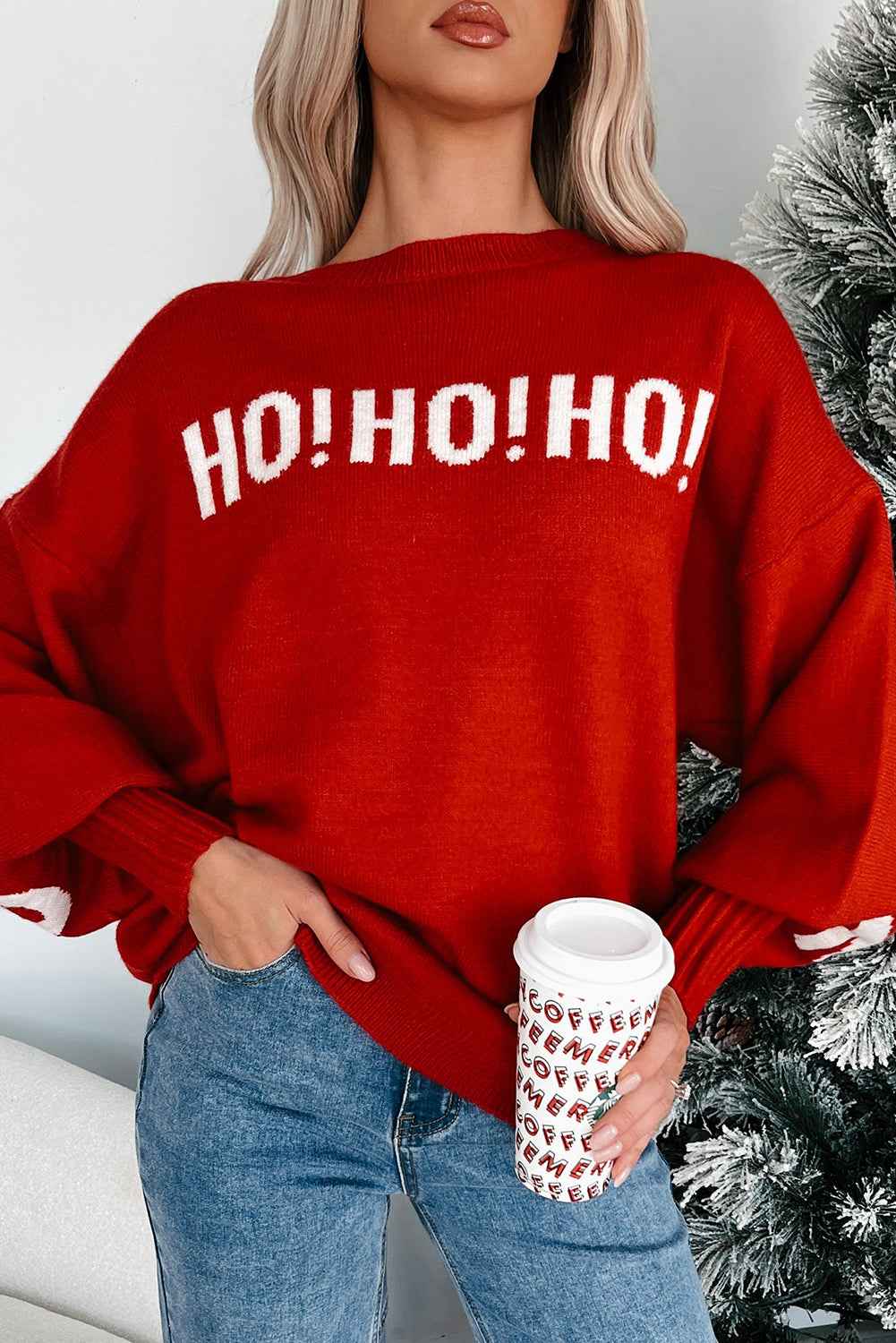 Fiery Red Merry Christmas Ho Ho Ho Drop Shoulder Loose Sweater