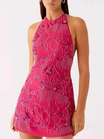 Backless Embroidered Halter Neck Mini Dress