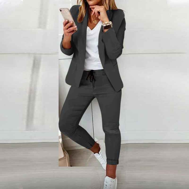 Women's Solid Color Long Sleeve Suit Set - Stylish Notch Lapel Blazer With Pockets & Drawstring Waist Pants, Spring&Fall Business Casual Outfit