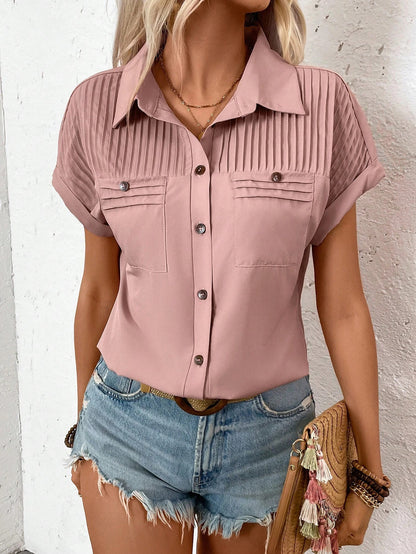 Lapel Shoulder Women's Pleated Pocket Shirt - Short Sleeve Women's Top - The Eggy's store