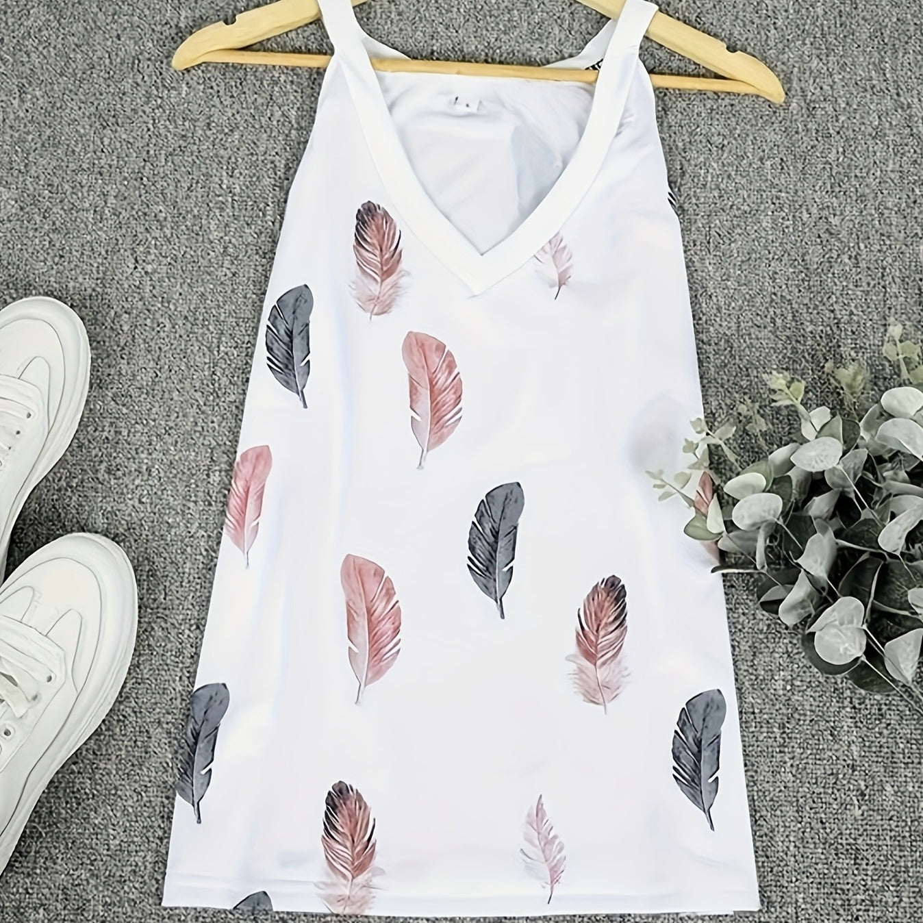 Ladies' V-neck Camisole - Feather Print Fashionable Versatile Casual Blouse