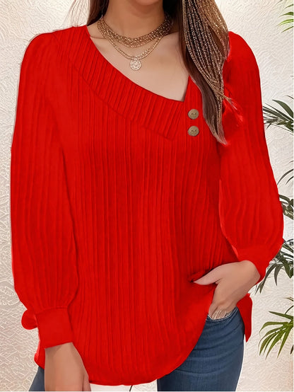 Plus Size Chic V-Neck Blouse with Decorative Buttons