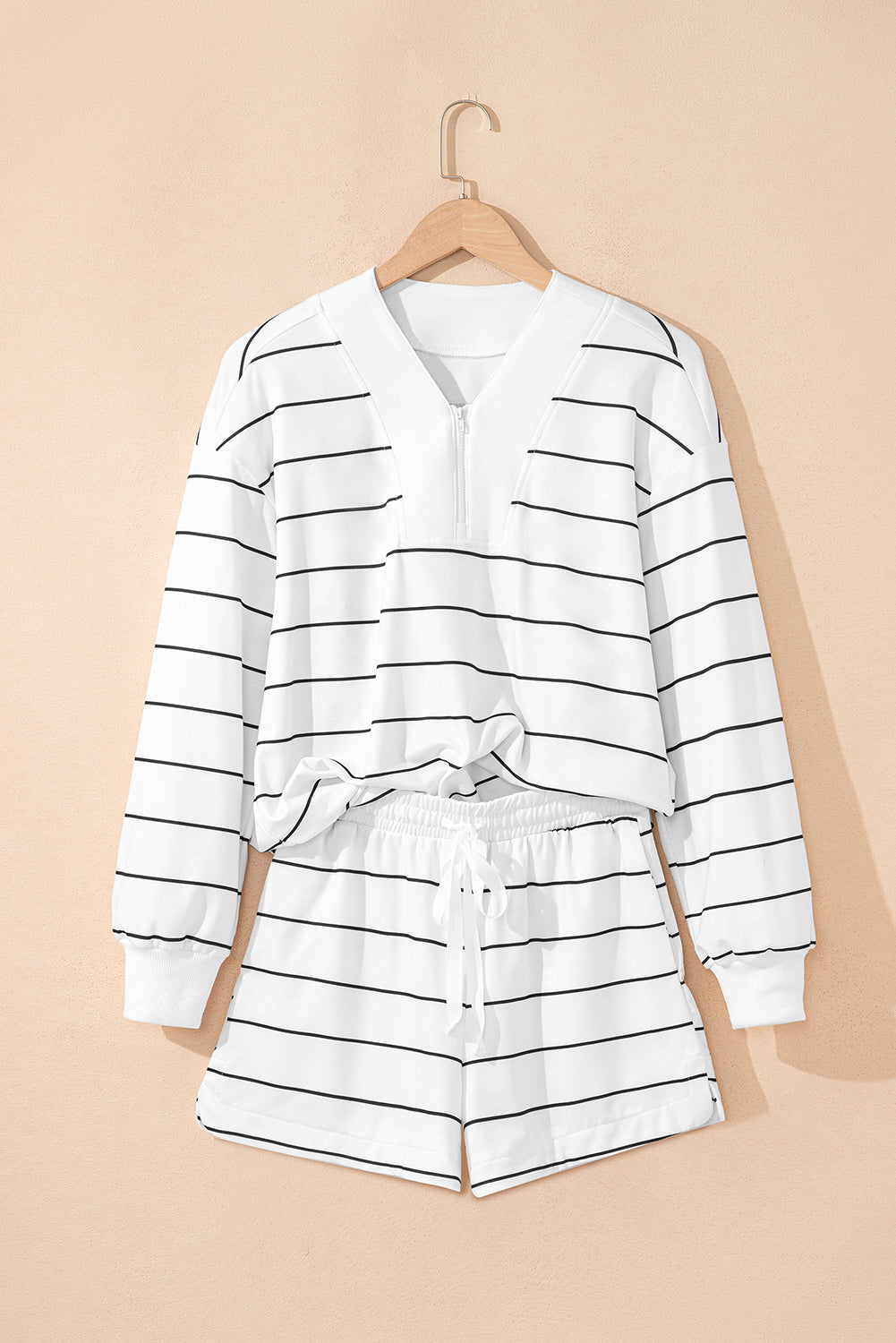 White Stripe Drop Shoulder Pullover & Shorts Two-Piece Set – Casual Lounge Outfit